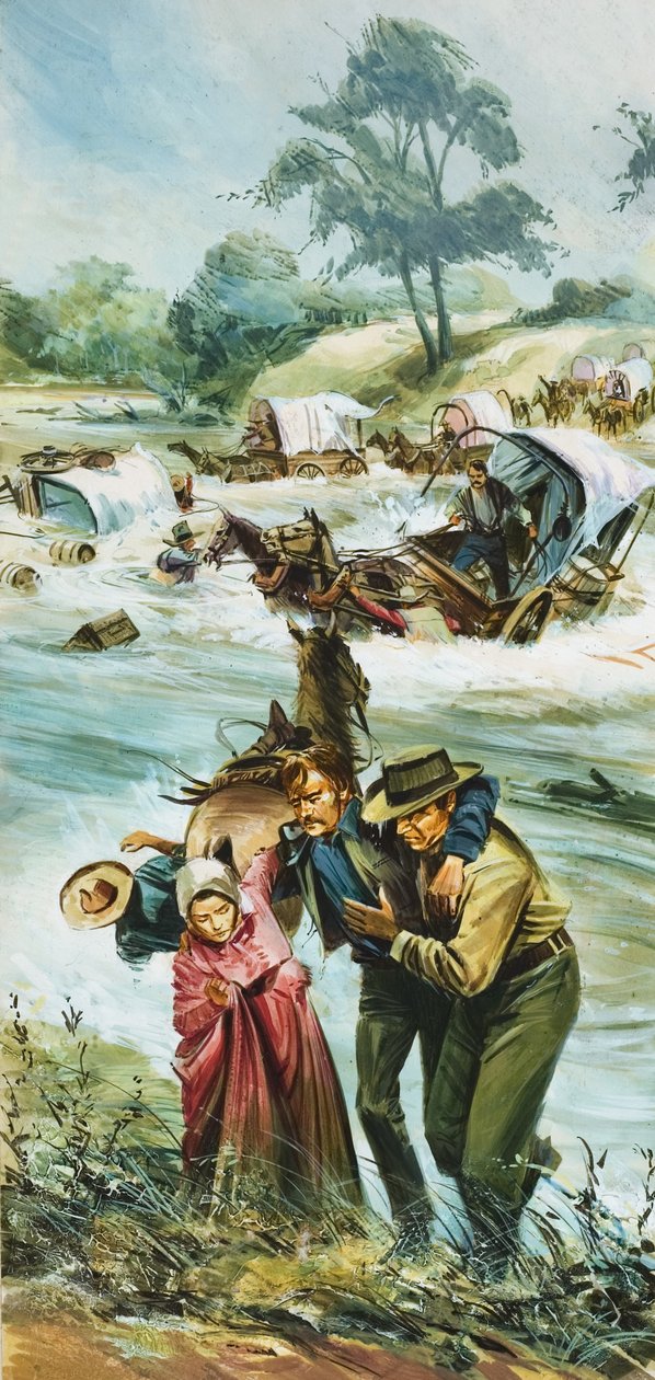 Úttörők átkelnek a szelídítetlen Arkansas folyón az 1880-as évek elején (gouache, papír) alkotó: English School