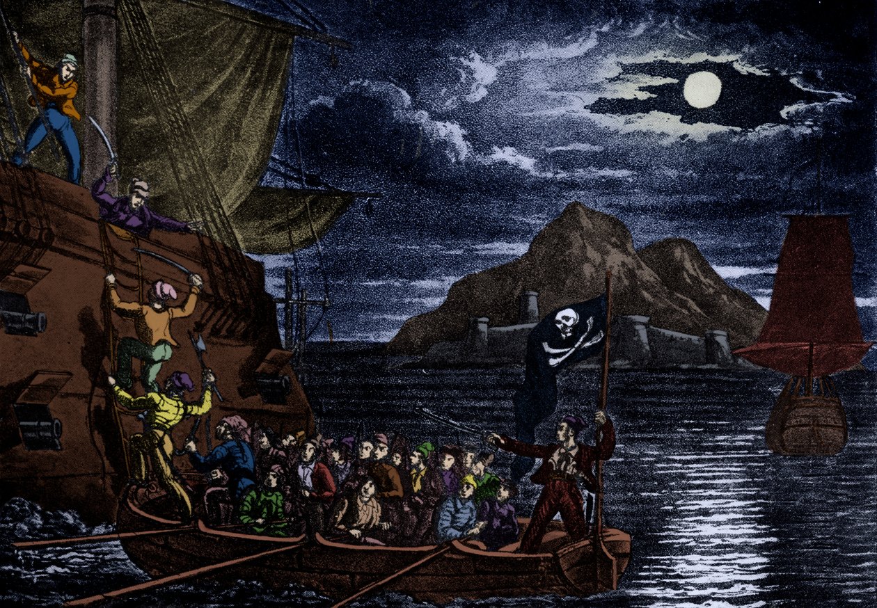 Kalózok egy spanyol hajóra szállnak, Nyugat-India, illusztráció a "The History and Lives of the Most Notorious Pirates" (A leghírhedtebb kalózok története és élete) című könyvből. alkotó: English School