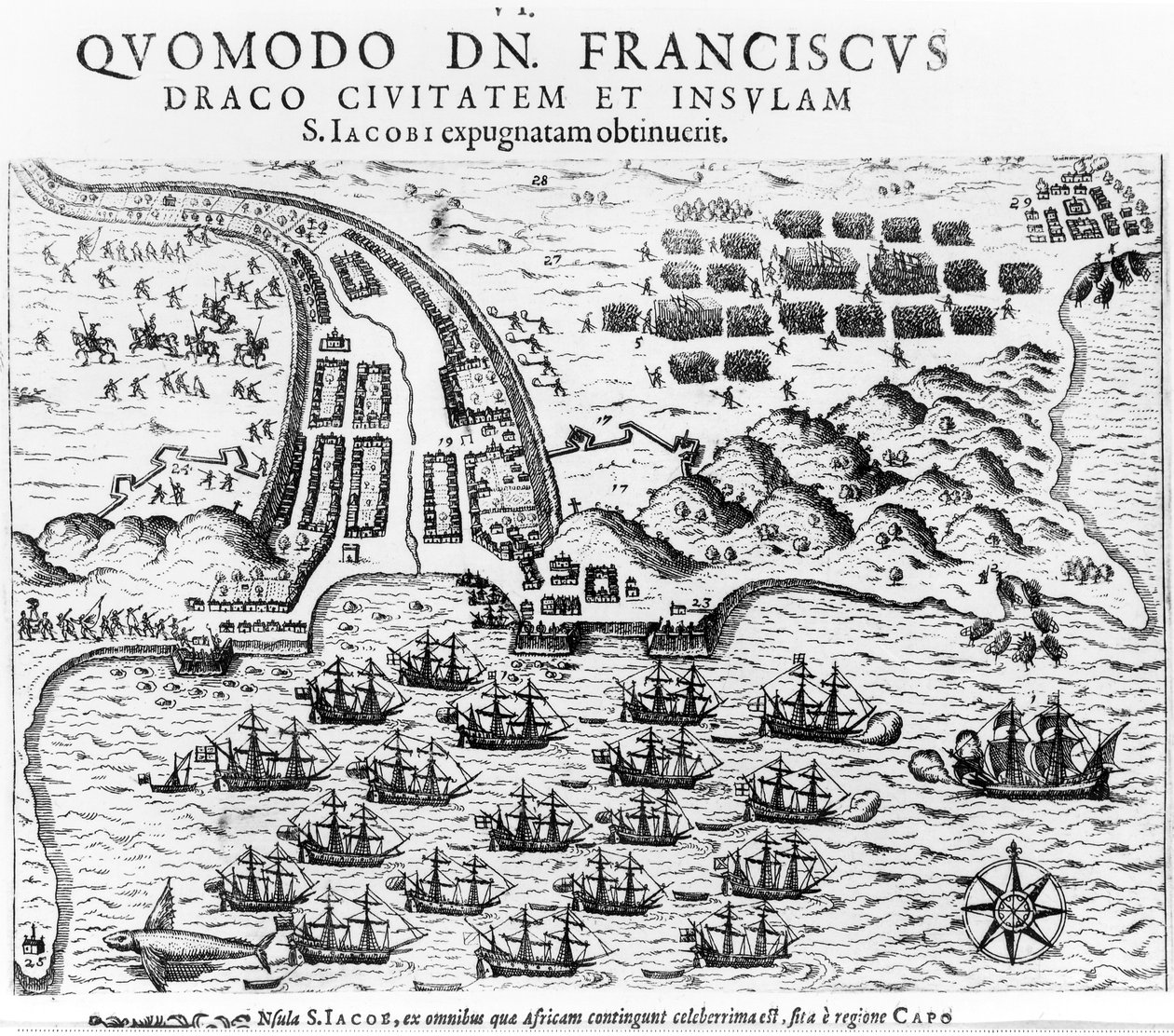 Terv, amely bemutatja, hogyan rohamozta meg és tartotta meg Francis Drake (1540-96 körül) San Jacob szigetét alkotó: English School