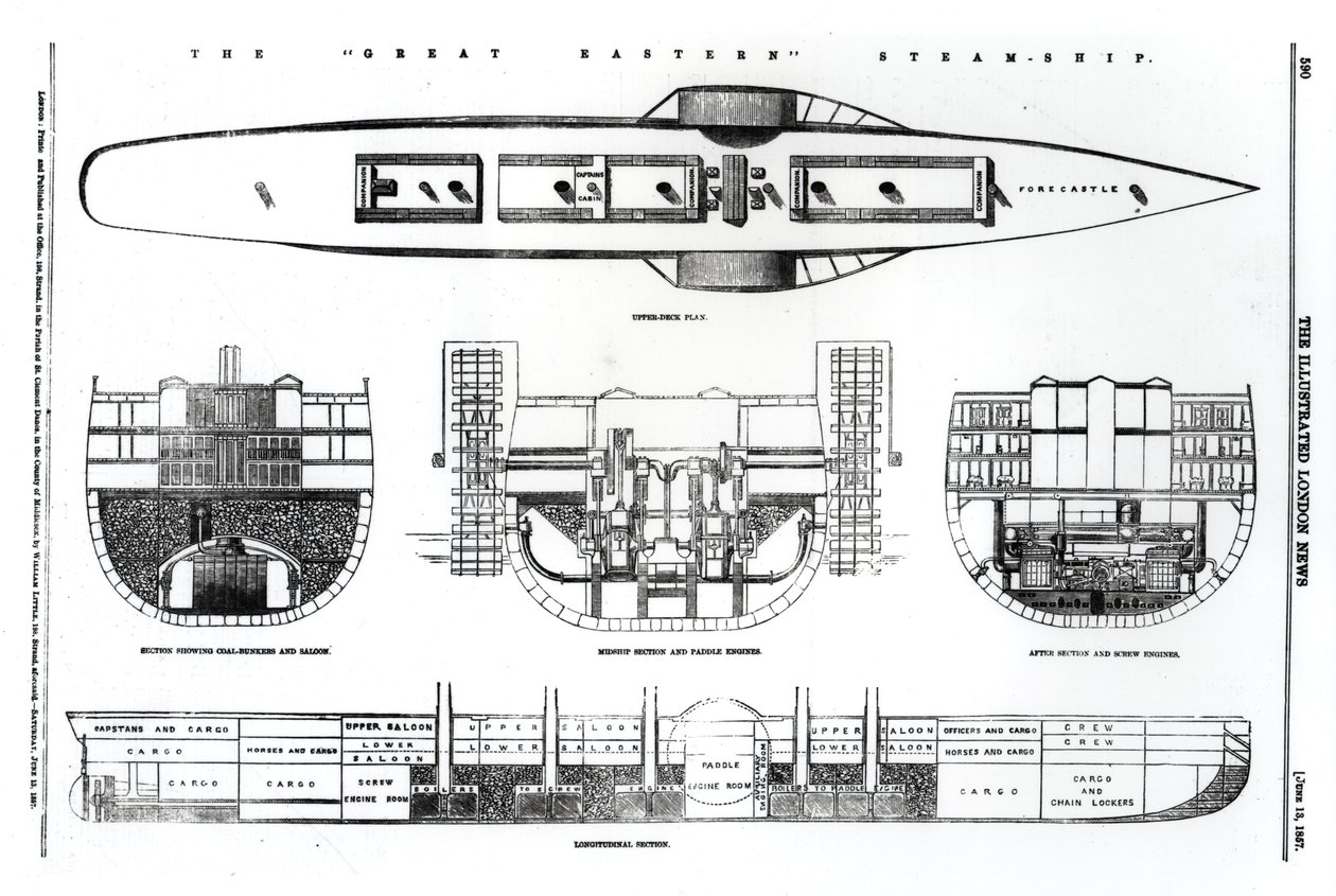 A Nagy Keleti gőzhajó terve és keresztmetszete, 1857 alkotó: English School