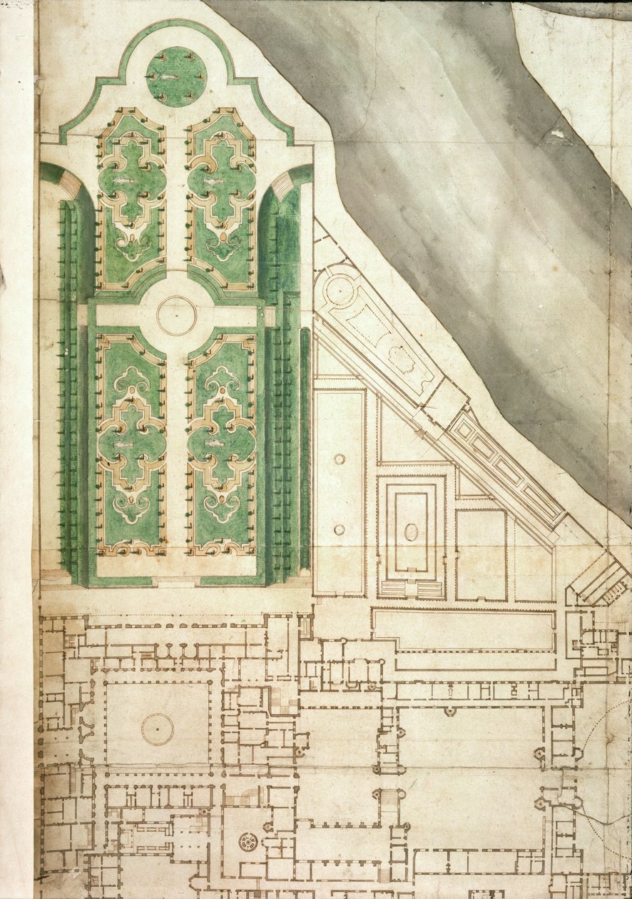 Hampton Court és kertjei terve, 1714 körül (toll, tinta és WC papíron) alkotó: English School