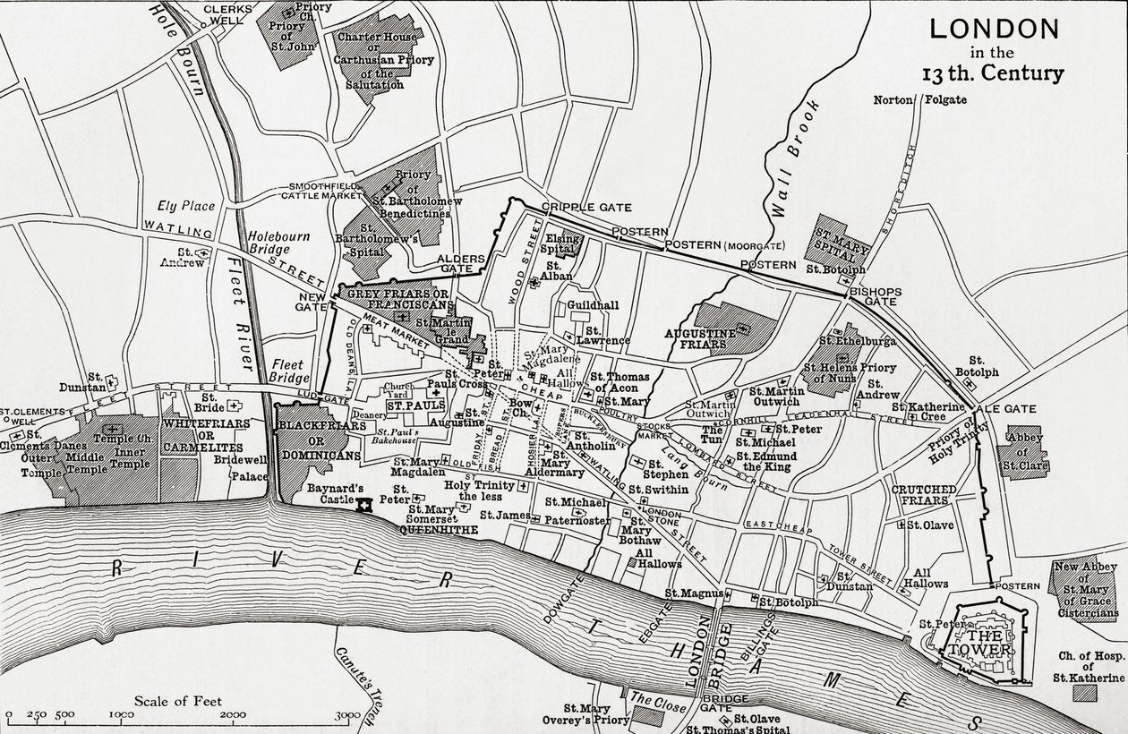 London terve a 13. században, J. R. Green „Az angol nép rövid története” című művéből, 1893-ban alkotó: English School