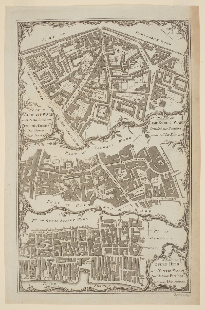 "Queen Hith és Vintry Wards plébániákra osztott terve egy új felmérés alapján". London City térképe, Royce, amelyen a Leadenhall Street és a East India House látható alkotó: English School