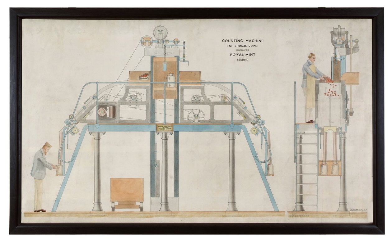 Automata számlálógép terve, 1895 körül (kézzel színezett metszet) alkotó: English School