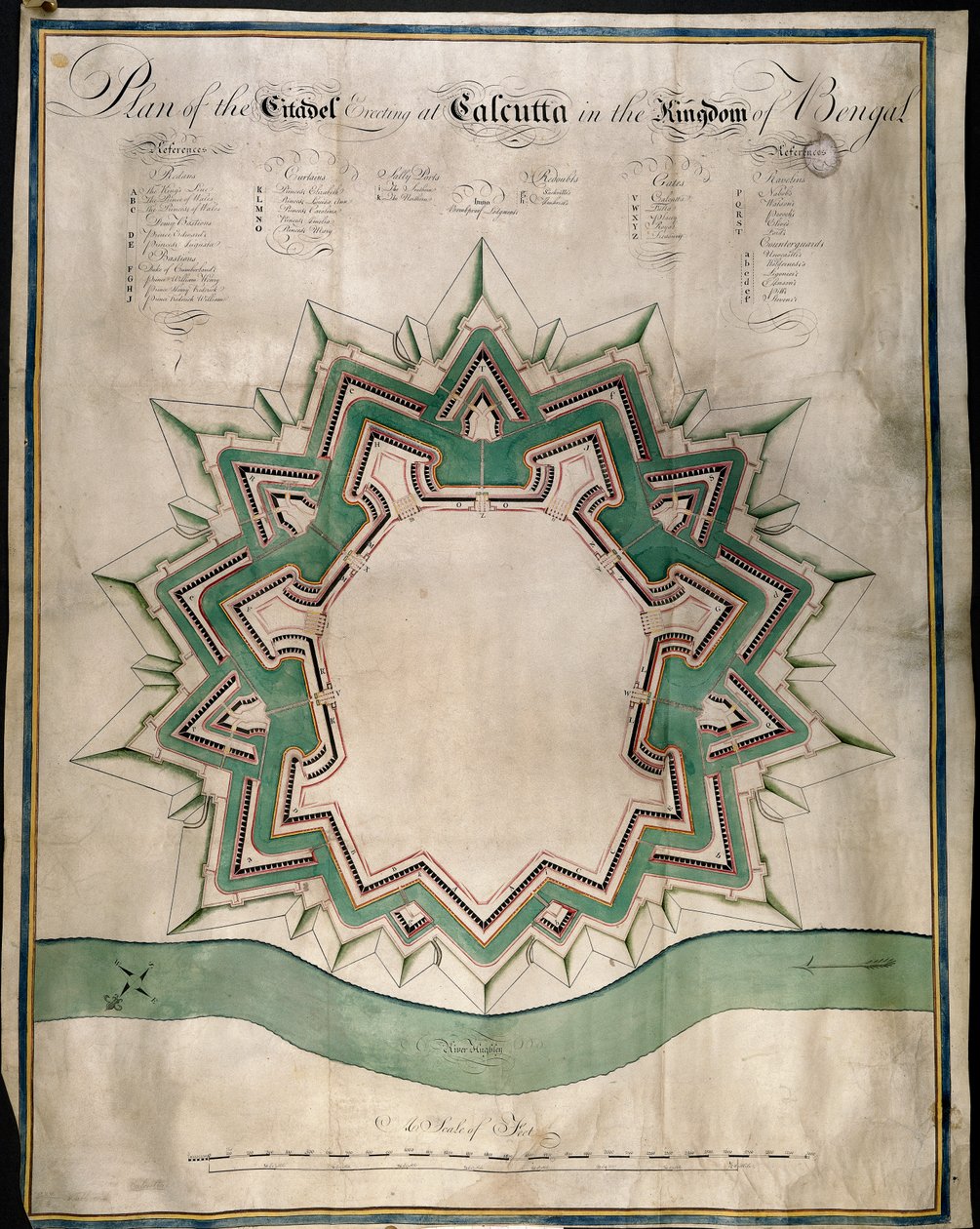 A kalkuttai fellegvár és Fort William, a Kelet-indiai Társaság erődített raktárának terve, 1750 körül (toll, tinta és akvarell papíron) alkotó: English School