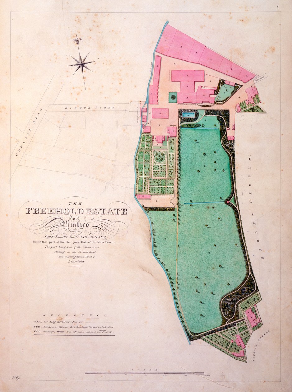 A Stag Brewhouse helyiségeinek és birtokának terve, eredeti kéziratos rajz George Saunders irodájából, 1807 körül (ceruza, wc, toll és tinta papíron) alkotó: English School