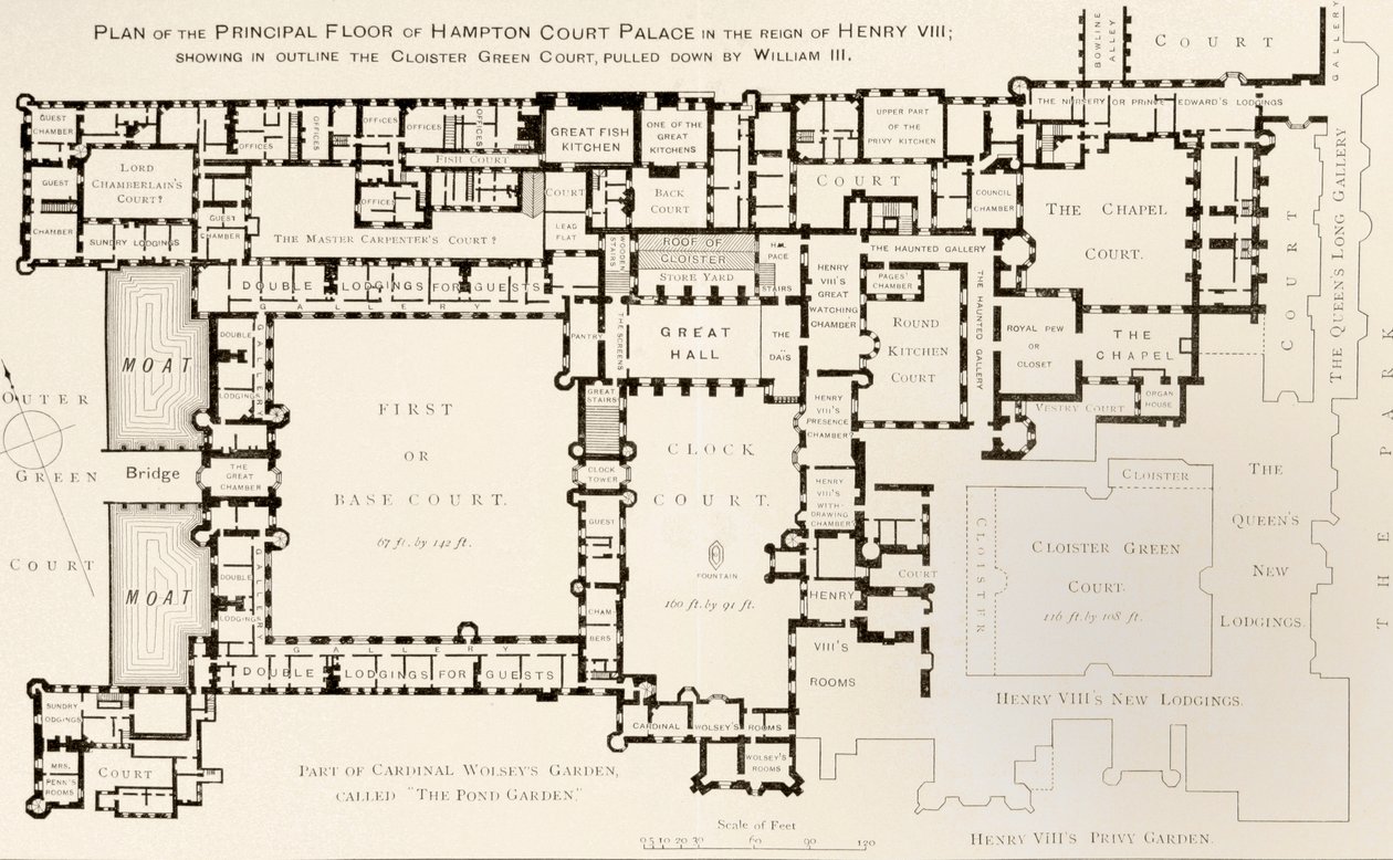 A Hampton Court-palota fő emeletének terve VIII. Henrik király uralkodása alatt, Ernest Law, a Tudor Times-i Hampton Court Palace történetéből, 1885-ben Londonban közzétéve alkotó: English School