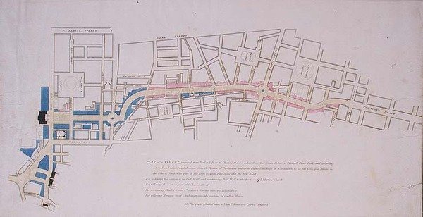 Az alsóház elé terjesztették a Charing Crosstól a Portland Place-ig tartó utcát, amely a Marylebone Parkban található Crown Estate-hez vezet. alkotó: English School
