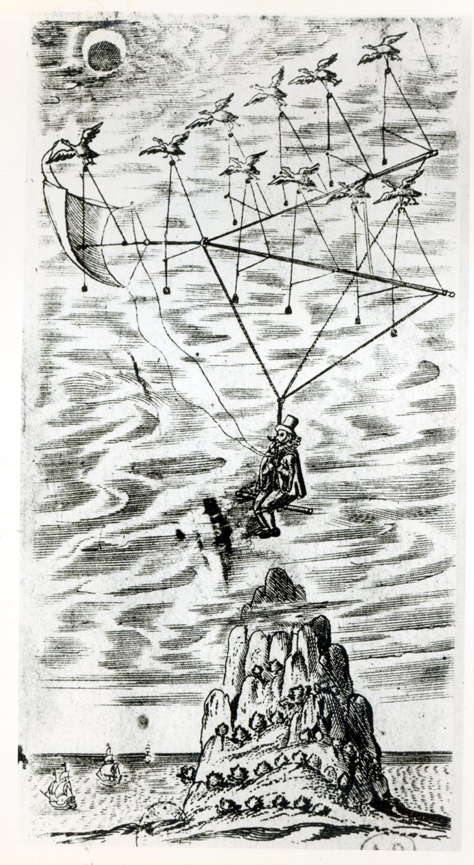 Repülőgép, illusztráció az Ember a holdban vagy az odautazásról szóló beszéde előlapjáról, Domingo Gonsales, a gyors hírnök Francis Godwin (1562-1633) posztumusz alkotó: English School