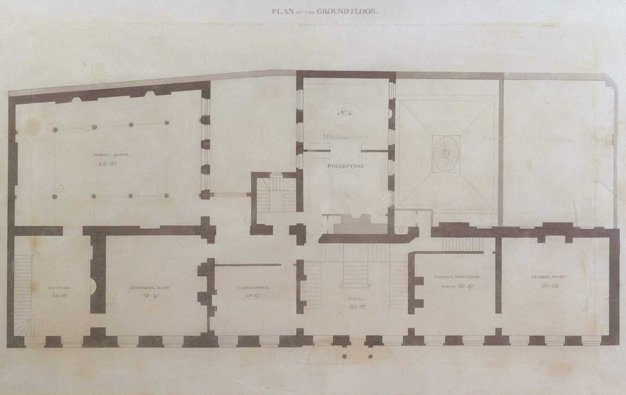 Az Albemarle Street 21. földszintjének tervei a ház kezdeti átalakításait követően, miután a királyi intézmény megvásárolta, 1800 körül (ceruza és WC papíron) alkotó: English School