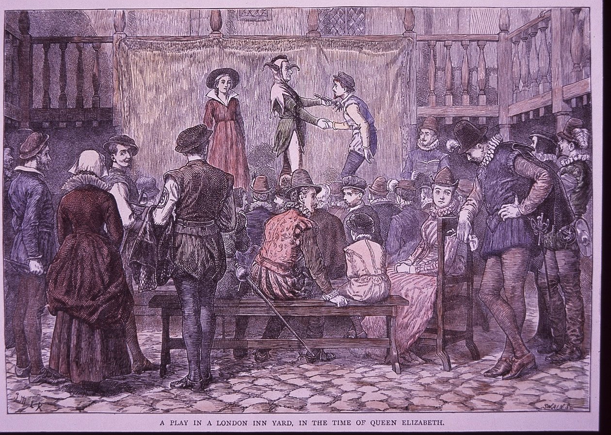 Színdarab a London Inn Yardban (színes metszet) alkotó: English School