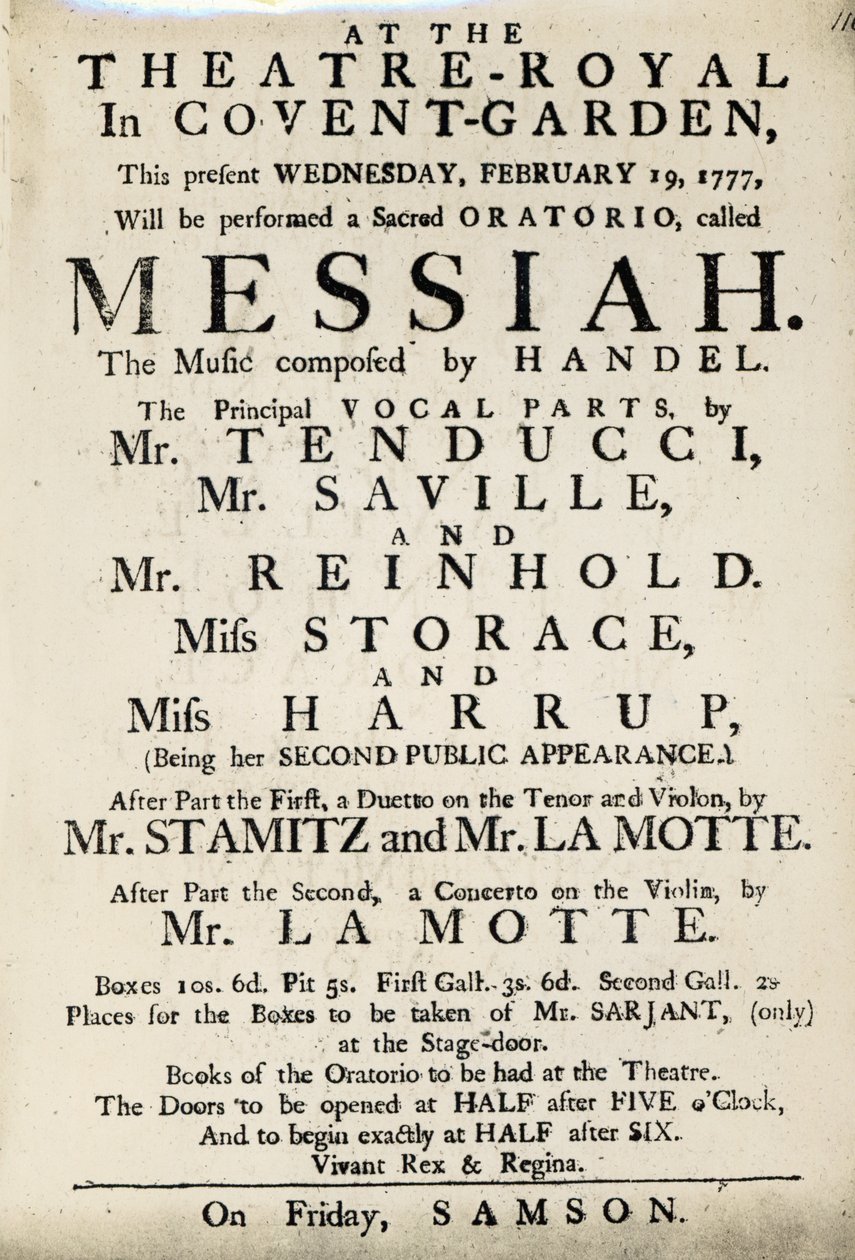 Playbill Händel Oratóriumának, a „Messiásnak” című előadását hirdeti 1777-ben (nyomtatott papír) alkotó: English School