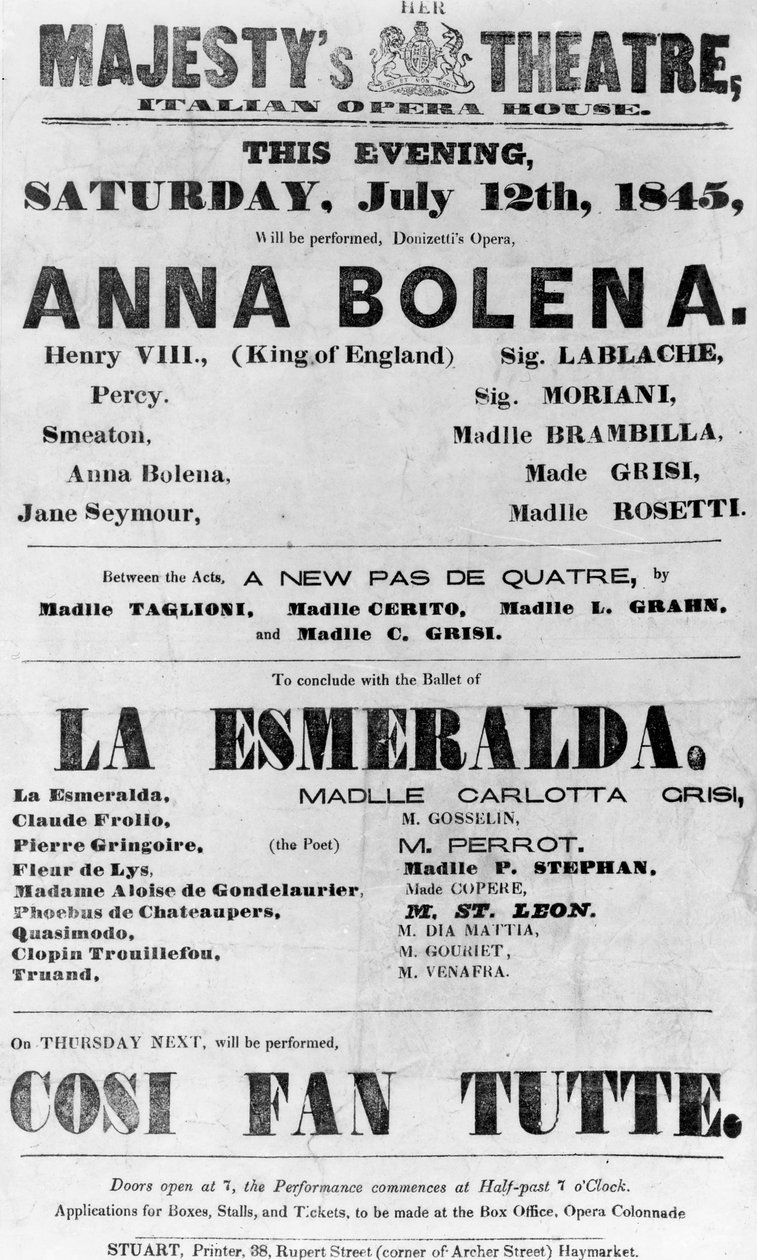 Billentyű az Őfelsége Színházhoz, Olasz Operaház, 1845 (nyomtatott papír) alkotó: English School