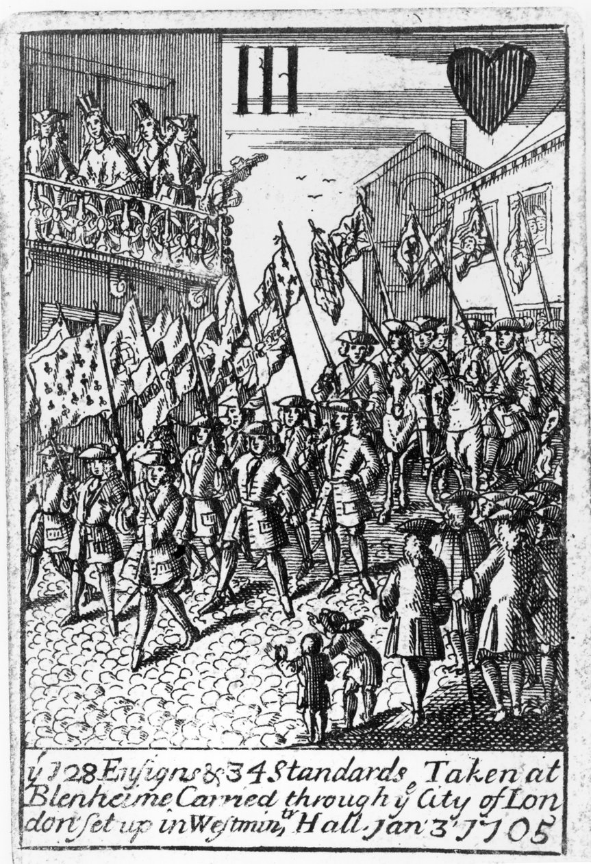 Játékkártya, amely a Blenheimben vett zászlókat és szabványokat ábrázolja, London városán keresztül szállítva, 1705. január 3-án alkotó: English School
