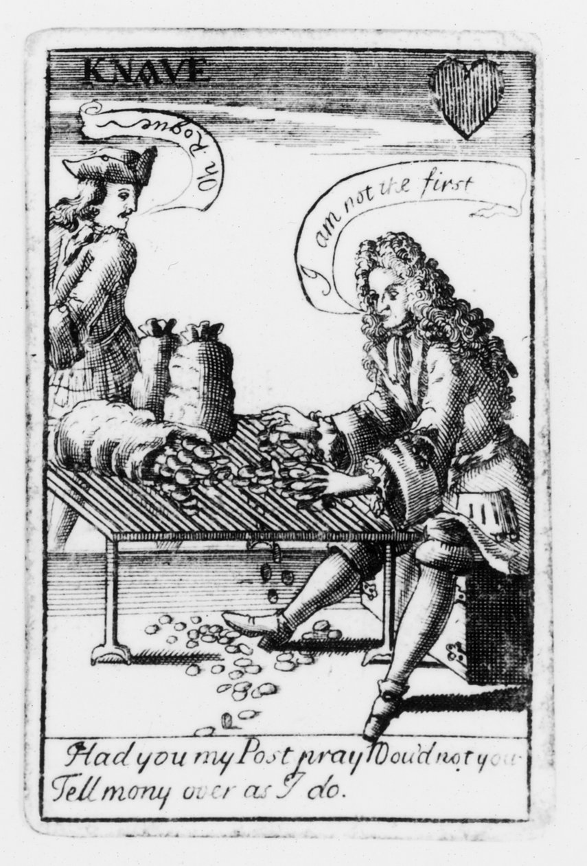 Kártyajáték a spanyol örökösödési háború emlékére, szívruha, 1707 körül (metszet) (fekete-fehér fotó) (115651 részlet) alkotó: English School
