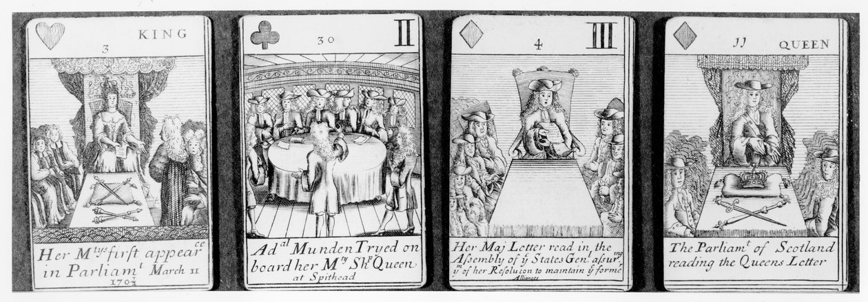 Anne királynő uralkodásának korai eseményeit ábrázoló kártyajáték a spanyol örökösödési háborúra (1702-1313) emlékező díszletből alkotó: English School
