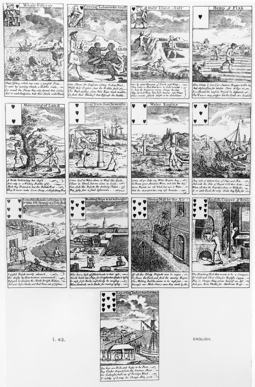 Buborékvállalkozásokat gúnyoló kártyajáték, 1720 körül alkotó: English School