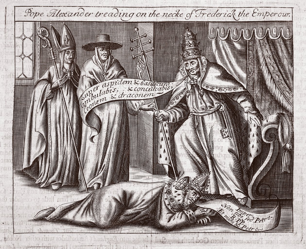 Frigyes császár nyakát taposó Sándor pápa, illusztráció a Cselekedetek és emlékművekből, John Foxe, kilencedik kiadás, kocsma. 1684 alkotó: English School