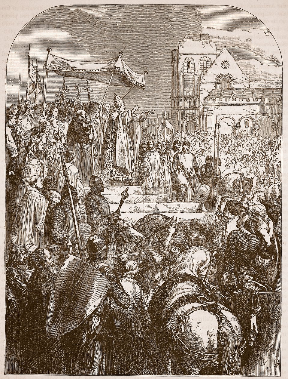 II. Urbán pápa az első keresztes hadjáratot prédikálja Clermont piacterén, 1096, illusztráció a Cassells Illustrated History of Englandből (szépia fotó) alkotó: English School