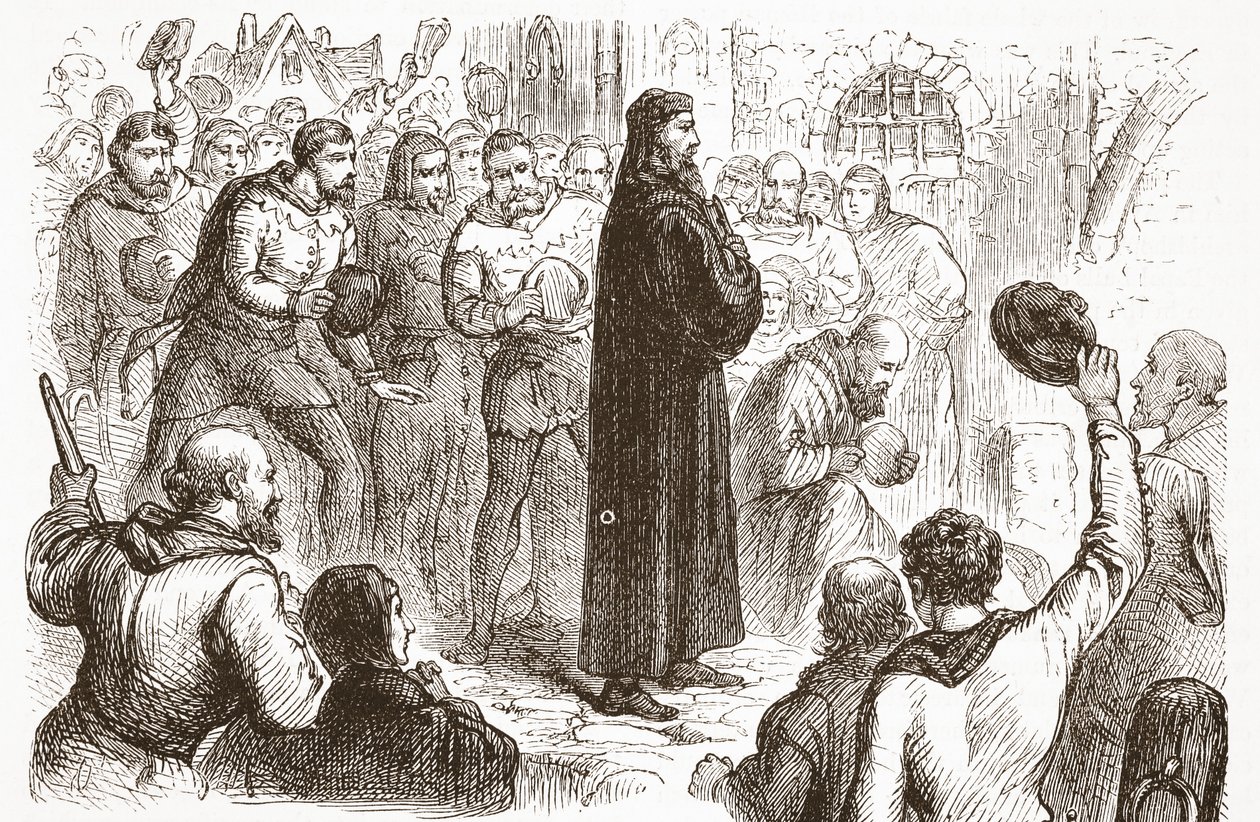 Népszerű tüntetés a Lambeth-palotában Wicliffe mellett, illusztráció: James Aitken Wylie (1808-1890) A protestantizmus története című könyvéből, pub. 1878 alkotó: English School