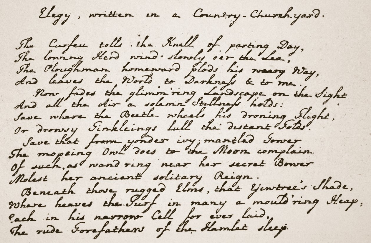 Grays elégia része, a költők kézírásával, illusztrációja a The Church of England: A History for the People-ből, H.D.M. Spence-Jones, kocsma. 1910 körül (szépia fotó) alkotó: English School