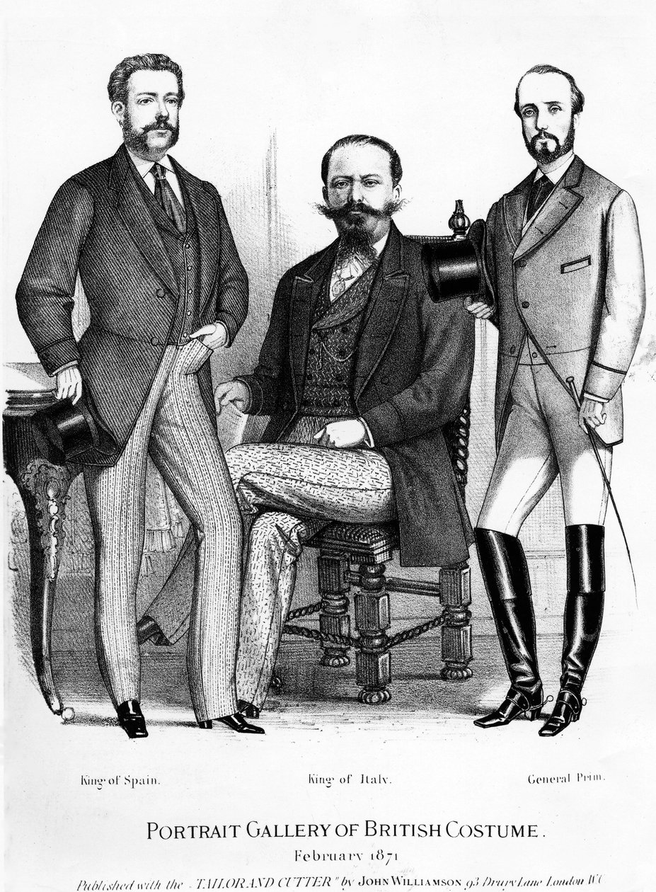 Portré Gallery of British Costume, Spanyolország és Olaszország királyait, valamint a General Prim-et bemutató, a Tailor and Cutterrel közösen kiadva, 1871 alkotó: English School