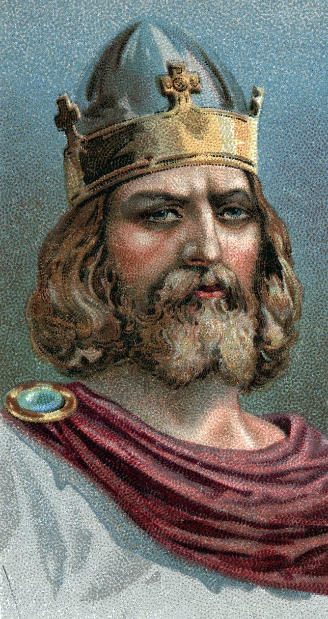 Nagy Alfréd (Nagy Alfréd, 849-899), Wessex királyának portréja, Kr. u. 800-as évek – „Az emberek vezetői” sorozatból” – Kromolitográfia – Angol iskola, 20. század alkotó: English School