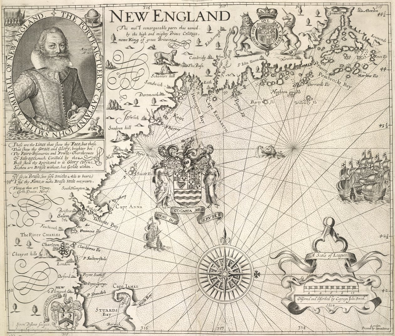 John Smith kapitány portréja. Egy kép New England partjairól, John Smith „A Description of New England: or the Observations…” című könyvében alkotó: English School