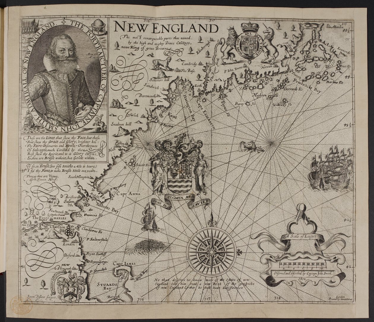 John Smith kapitány portréja. Egy kép New England partjairól, John Smith „A Description of New England: or the Observations…” című könyvében alkotó: English School