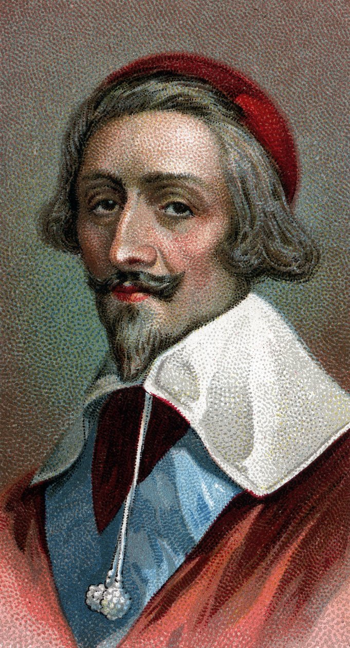 Richelieu bíboros (Armand Jean du Plessis, de Richelieu bíboros) (1585-1642), francia klérus, nemes és államférfi portréja – „Az emberek vezetői” sorozatból” – Kromolitográfia – Angol iskola, 20. század alkotó: English School