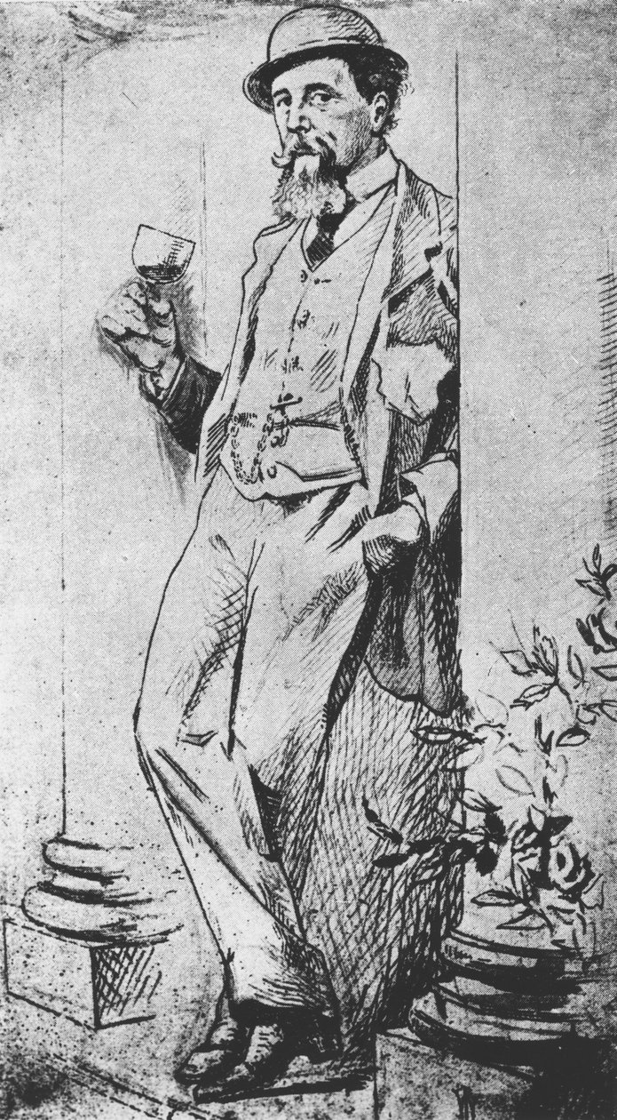 Charles Dickens (1812-70) portréja, Cedric Charles Dickens által írt Drinking with Dickensből alkotó: English School