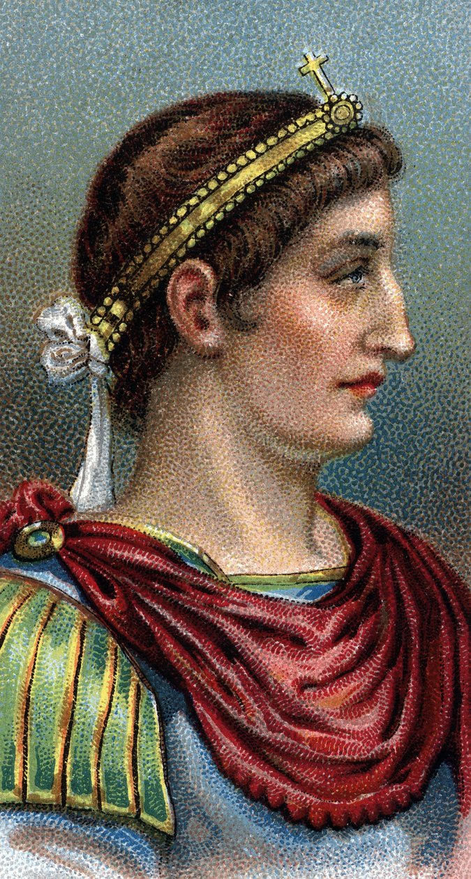 Nagy Konstantin portréja (I. Nagy Konstantin, 270-337) - „Az emberek vezetői” sorozatból” - Kromolitográfia - Angol Iskola, 20. század - alkotó: English School