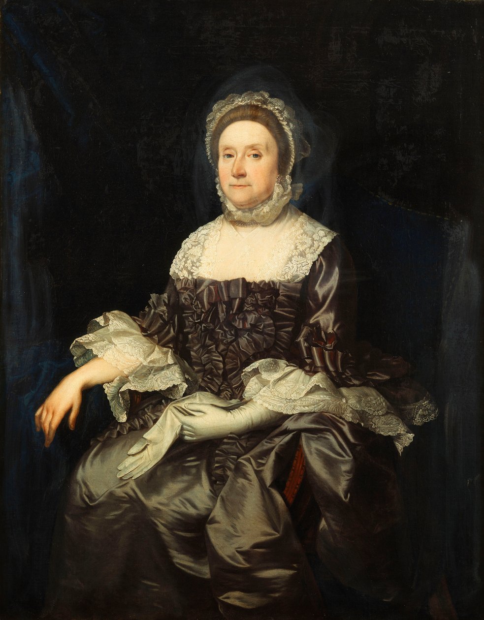Deborah Worsley (Platt) portréja, háromnegyed hosszúságban ülve, mályvaszínű ruhában, fehér csipkegallérral és mandzsettával, kezében egy pár kesztyűvel, 1760 körül alkotó: English School