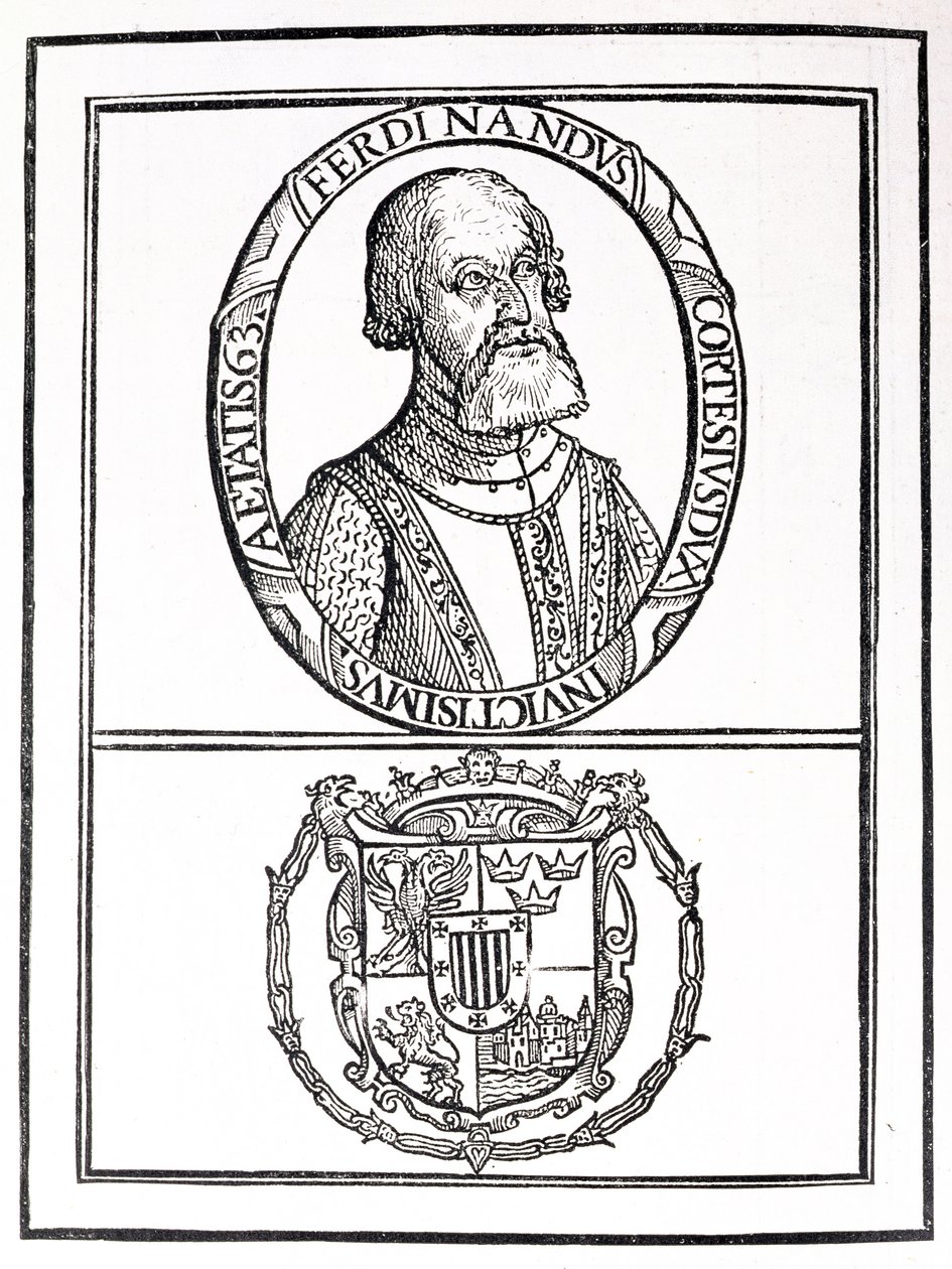 Hernado Cortes (1485-1547) portréja és fegyverzete, a "The Narrative and Critical History of America" című könyvből, szerkesztette Justin Winsor, London, 1886. alkotó: English School