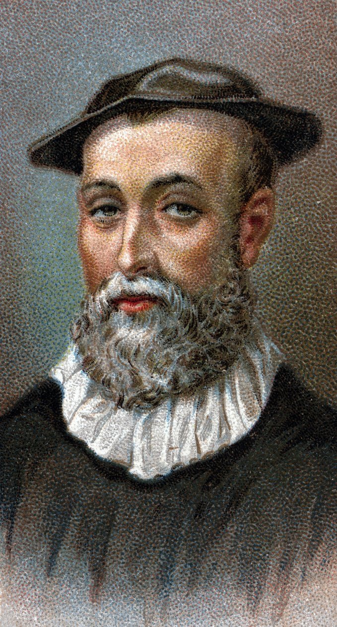 John Knox (1514-1572) portréja. Skót pap, a protestáns reformáció vezetője Skóciában - A "" Az emberek vezetői" sorozatból" - Kromolitográfia - Angol iskola, 20. század - alkotó: English School