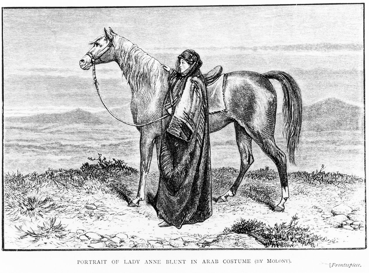 Lady Anne Blunt (1837-1917) portréja arab jelmezben arab lóval, A Zarándoklat Nejdbe című, 1881-ben megjelent könyvének előképe. alkotó: English School
