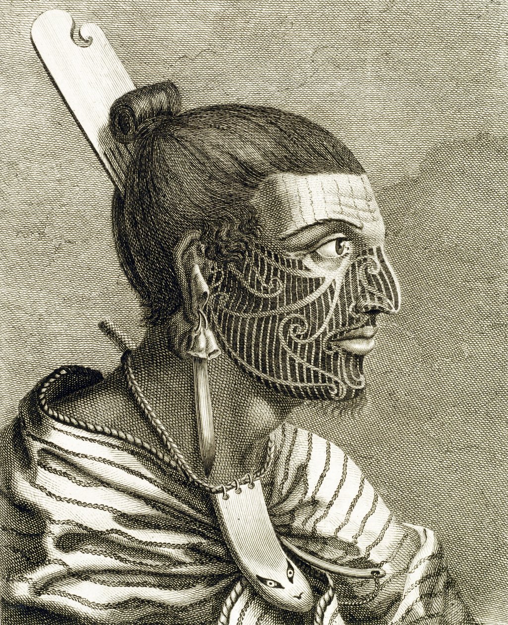 Maori férfi portréja Ta Moko tetoválással alkotó: English School