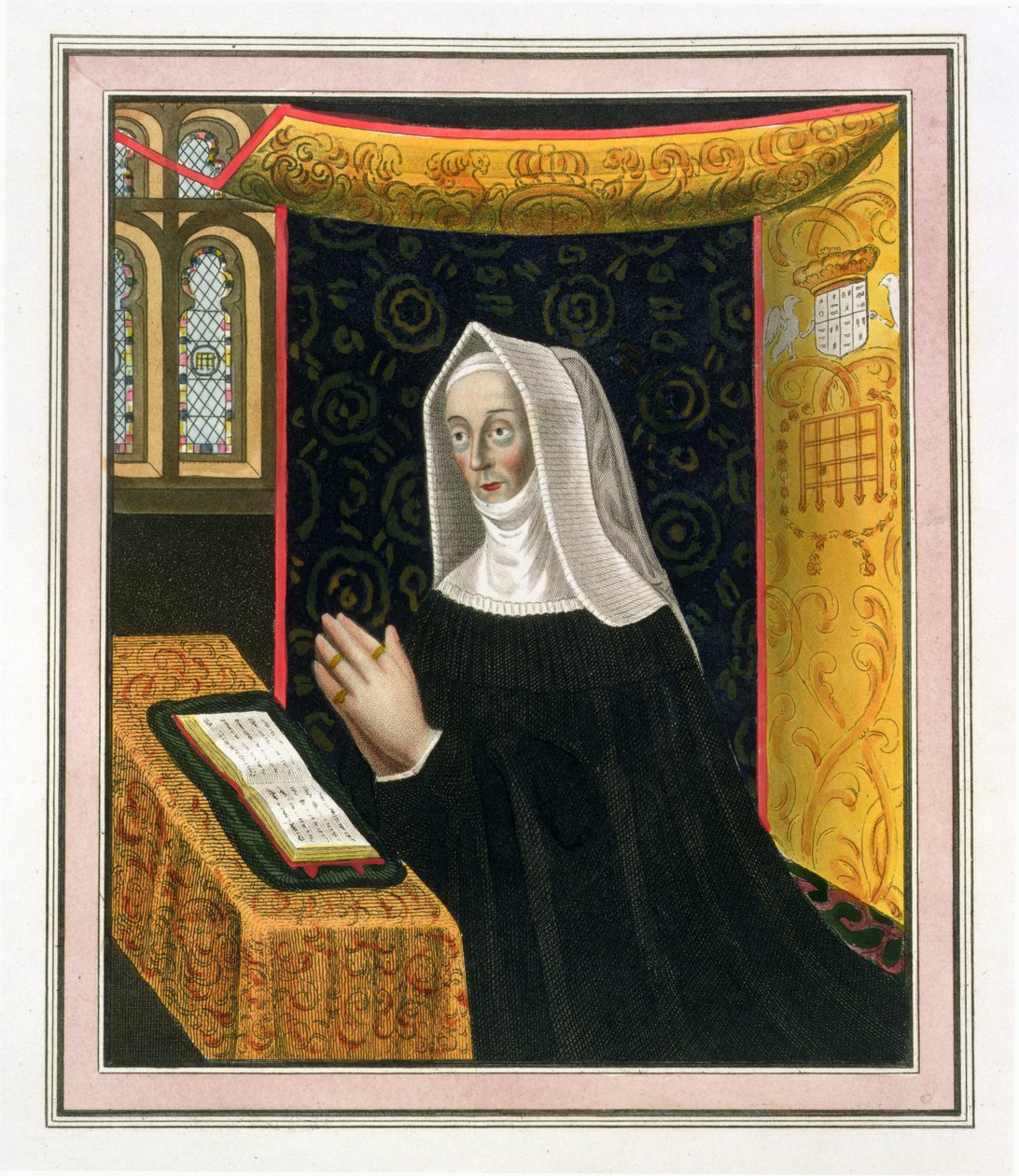Margaret Beaufort, Richmond és Derby grófnőjének (1443-1509), a cambridge-i St. Johns College alapítójának portréja a The History of Cambridge-ből, kocsma. R. Ackermann, 1815 (színes akvatinta) alkotó: English School