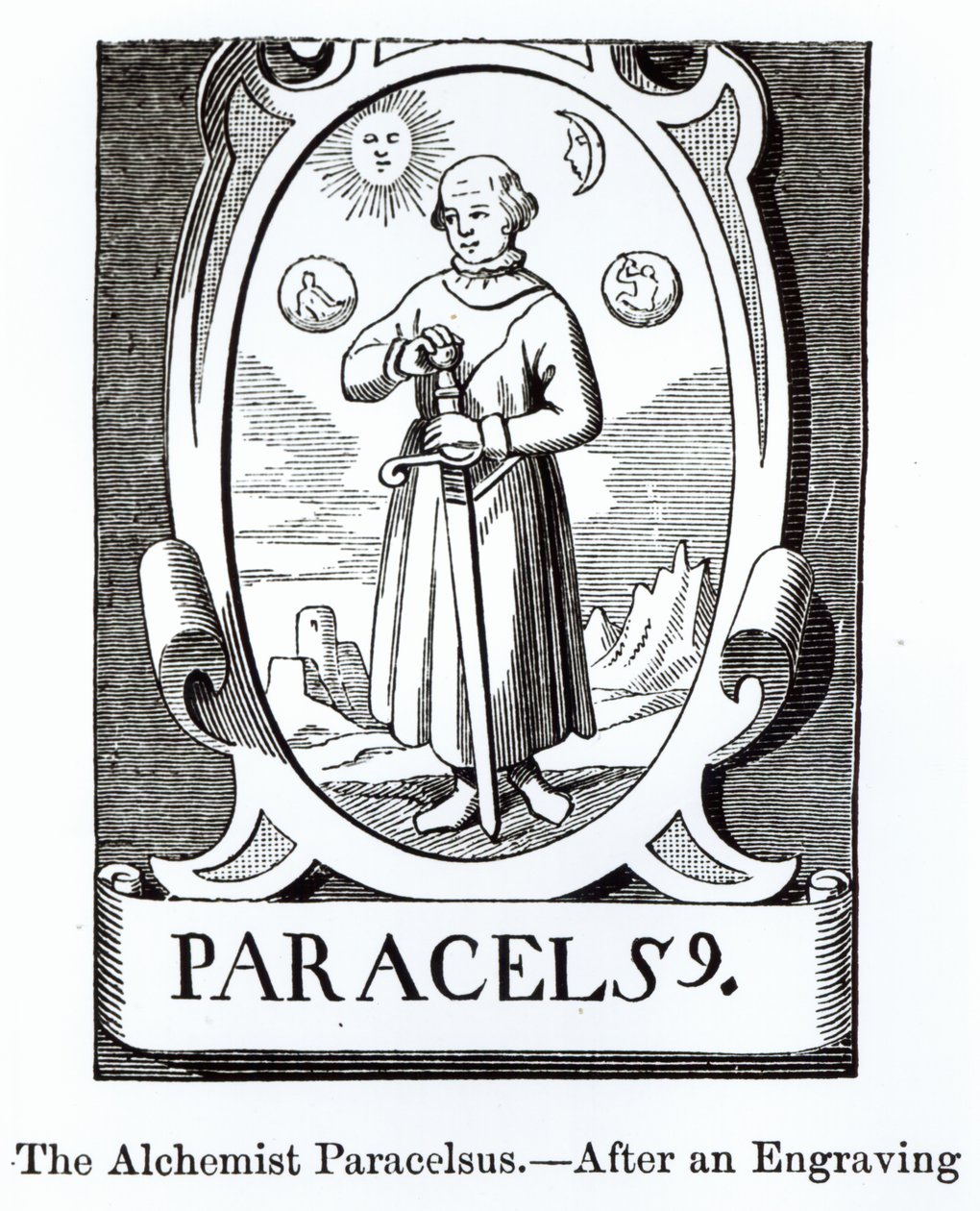 Paracelsus (Philippus Aureolus Theophrastus) (1493-1541) portréja, illusztráció a középkori és reneszánsz tudomány és irodalomból, írta és metszett Paul Lacroix, 1878 (fa alkotó: English School