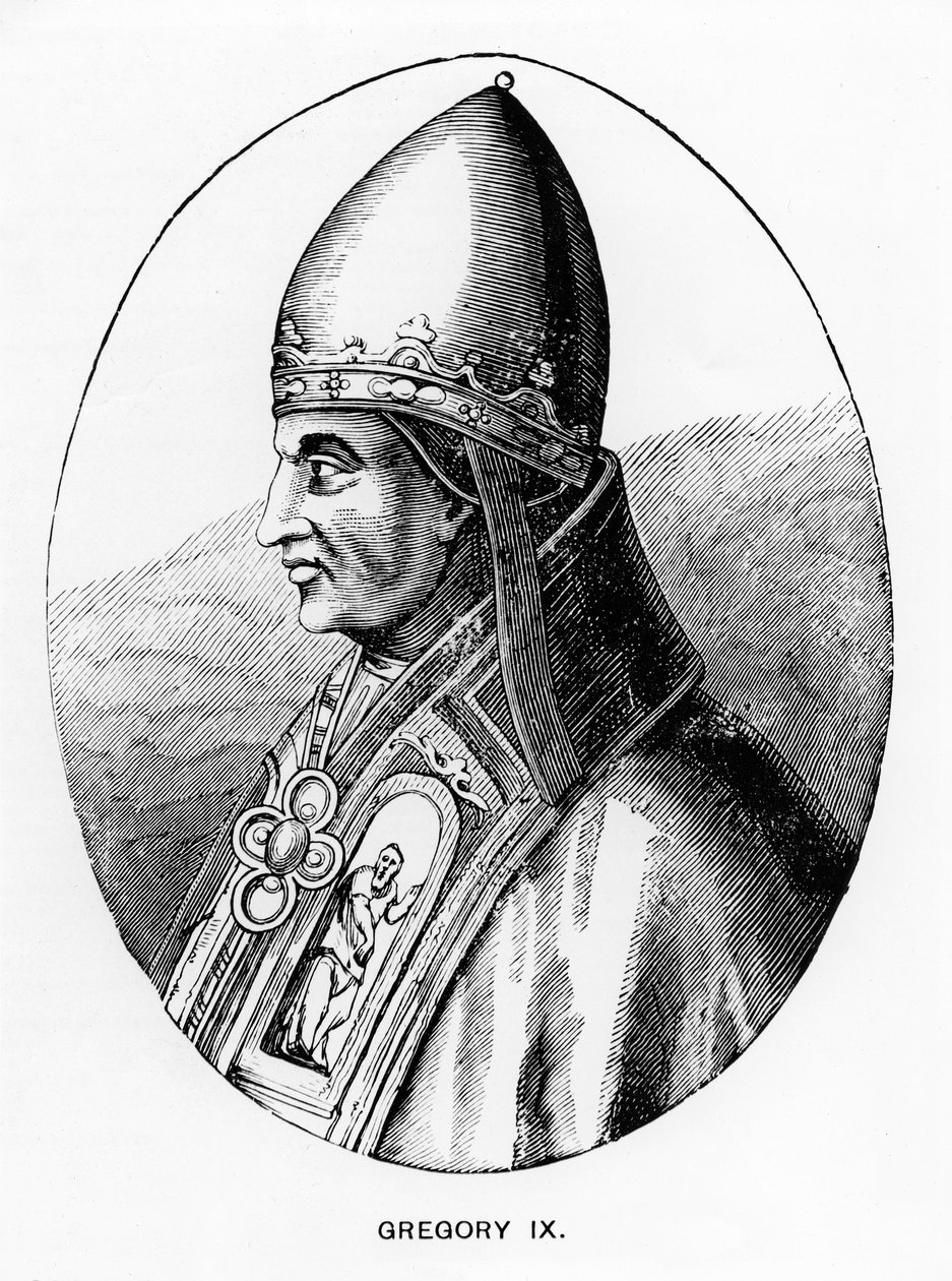 IX. Gergely pápa (kb. 1170-1241) portréja, illusztrációja a "Tudomány és irodalom a középkorban és a reneszánszban" című könyvből, Paul Lacroix írta és metszett, 1878 alkotó: English School