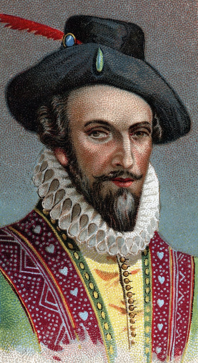 Raleigh portréja, Sir Walter (1554-1618). Angol tengerész, felfedező és bróker - A "" Leaders of Men" sorozatból" - Kromolitográfia - Angol Iskola, 20. század - alkotó: English School
