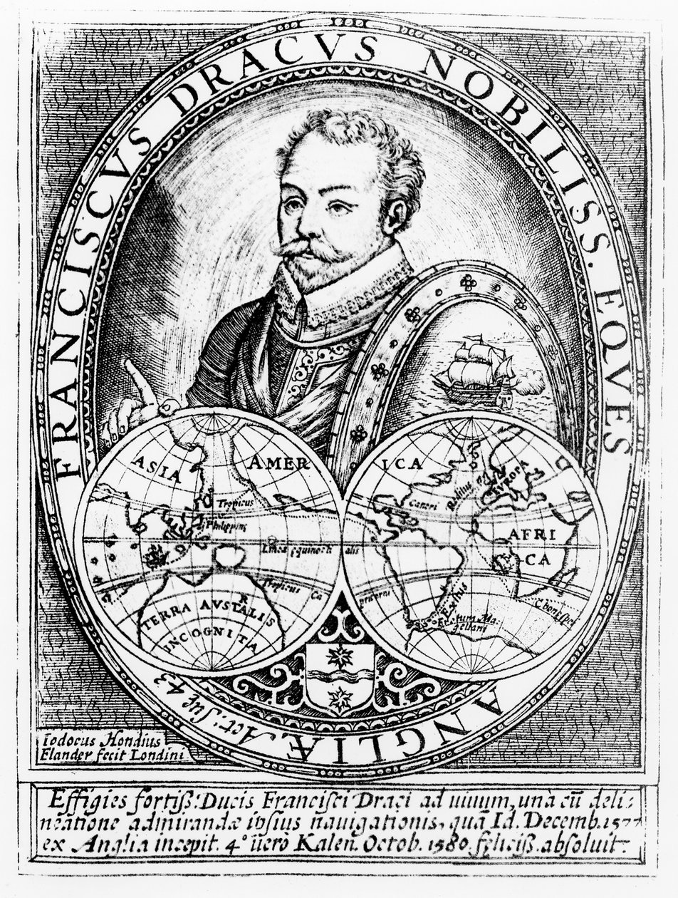 Sir Francis Drake (kb. 1540-96) portréja 43 évesen, Jodocus Hondius (1567-1611) metszetében alkotó: English School