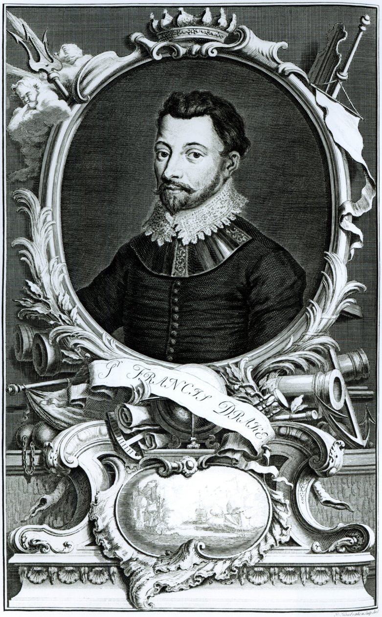 Sir Francis Drake (kb. 1540-96) portréja Jacobus Houbraken (1698-1780) metszetében (metszet) (bw fotó) alkotó: English School