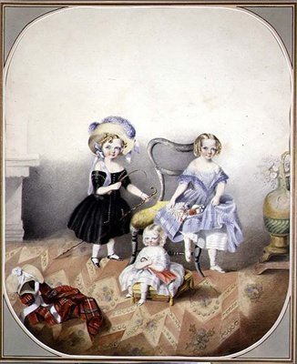 Három díszruhás kék szemű lány portréja, 1840 körül (akvarell, papír) alkotó: English School