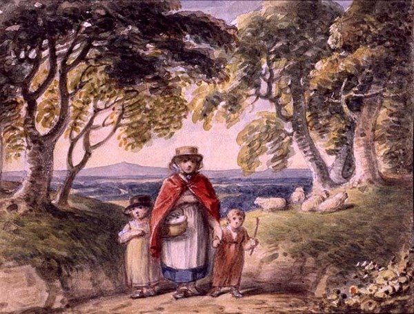 Nő és két gyerek portréja erdei tájon, 1820 körül (akvarell, papír) alkotó: English School