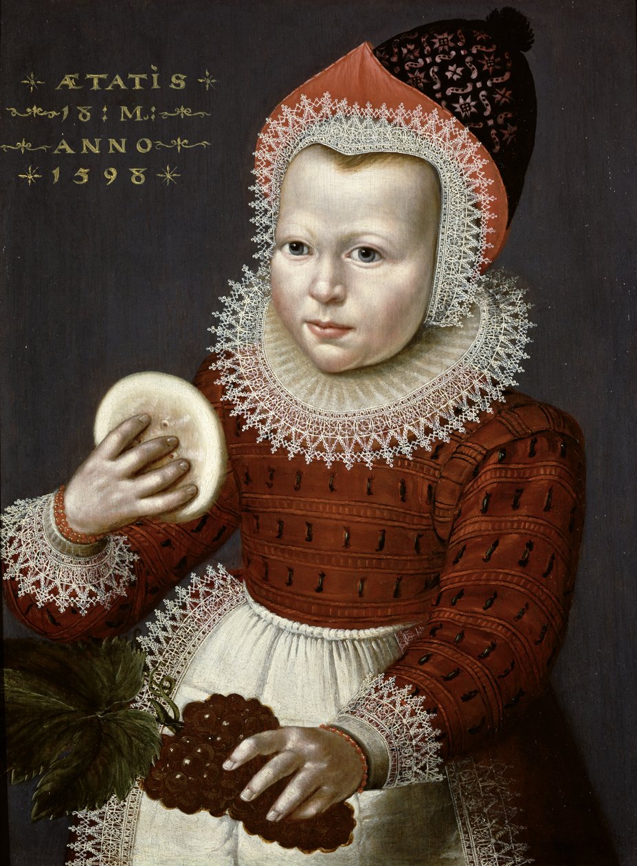 Kenyeret és szőlőt tartó fiatal lány portréja, 1598 alkotó: English School