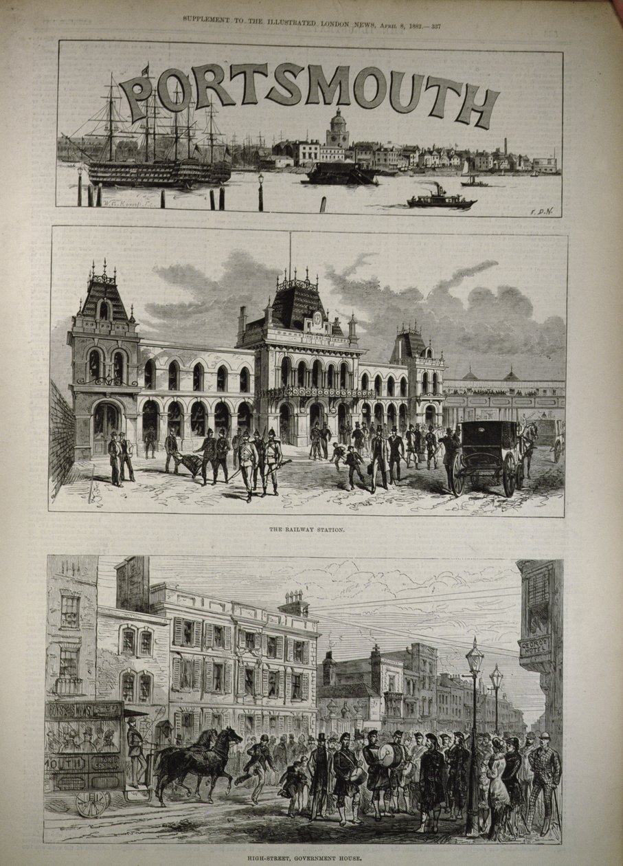 Portsmouth: The Railway Station and the High Street, Government House, The Illustrated London News, 1882. április 8. alkotó: English School