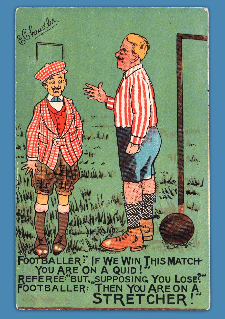 Képeslap, amely egy spanyol labdarúgó karikatúráját ábrázolja alkotó: English School