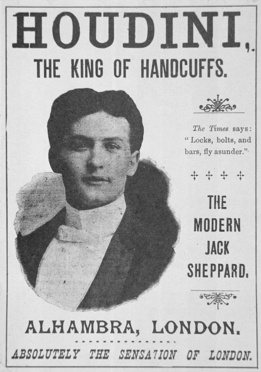 Plakát, amely Houdini előadását hirdeti a londoni Alhambrában (nyomtatott) alkotó: English School