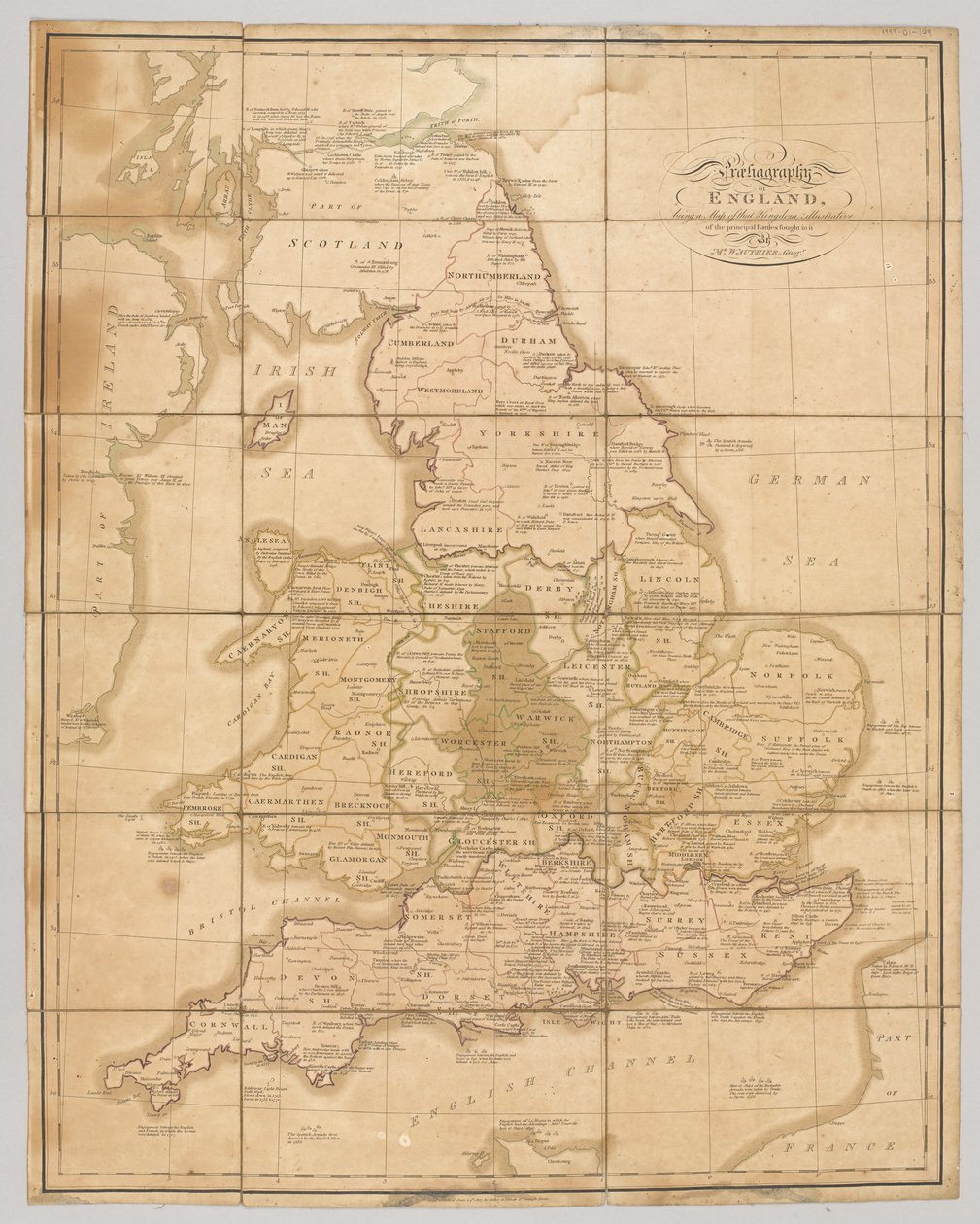 Anglia praehagraphyja, amely annak a Királyságnak a térképe, amely illusztrálja a benne vívott alapvető csatákat, 1807 alkotó: English School